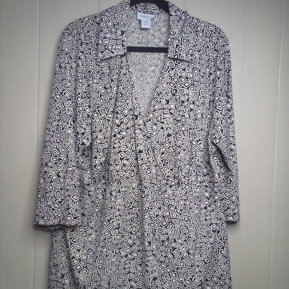 Avenue Stretch Blouse 18 20 V-Neck 3/4 Sleeve Patterned Black Tan